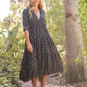 Natural Life Size XL "Rebecca" Tiered Midi Dress Black Cream Rose Floral *Read*